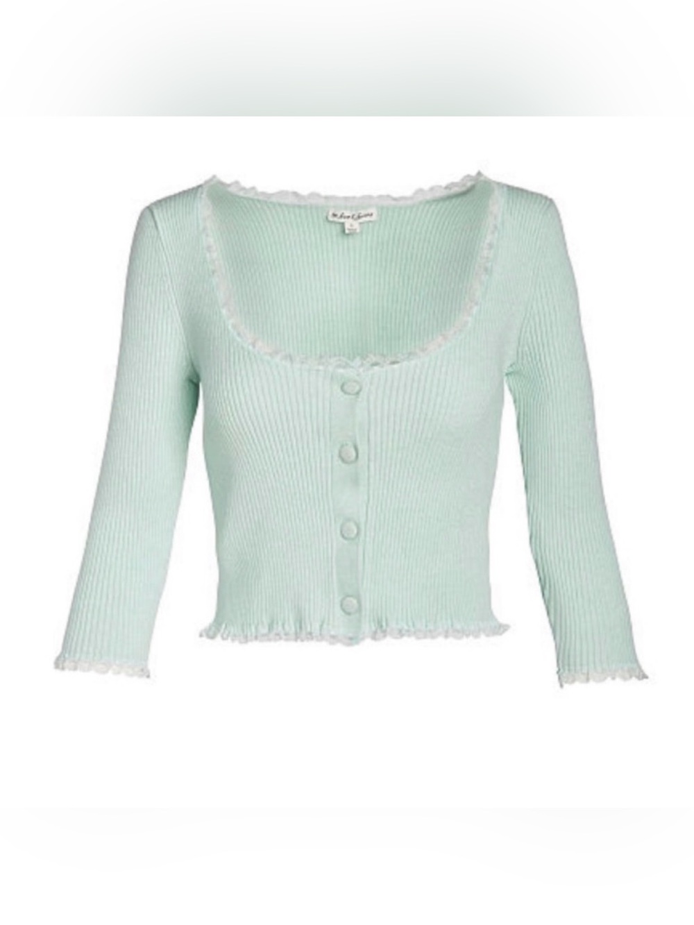For Love And Lemons Jolie Pastel Mint Cropped Ribbed Cardigan with Lace Trim